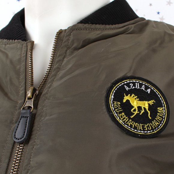Fur Lined Short Bomber Jacket Patches Olive - Picture 3 of 8